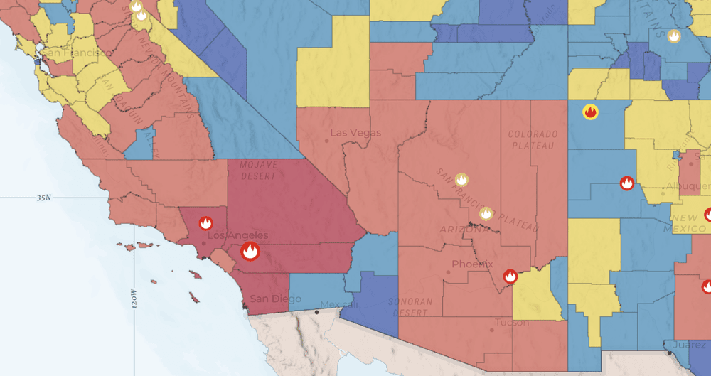 Map of wildfire and flood vulnerability